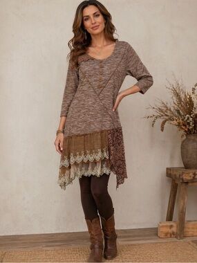 Boho Tunic Top Mini Dress Lagenlook Lace Hem Asymmetrical Brown Size M